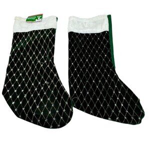 Green & White Velvet Christmas Stockings Set Of 2 With Gold Lattice Glitter READ